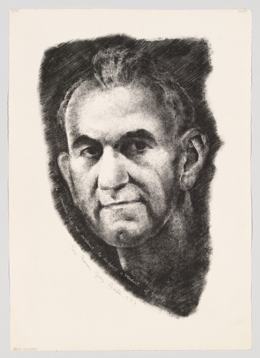 A detailed charcoal-style portrait of an older man looking directly at the viewer.