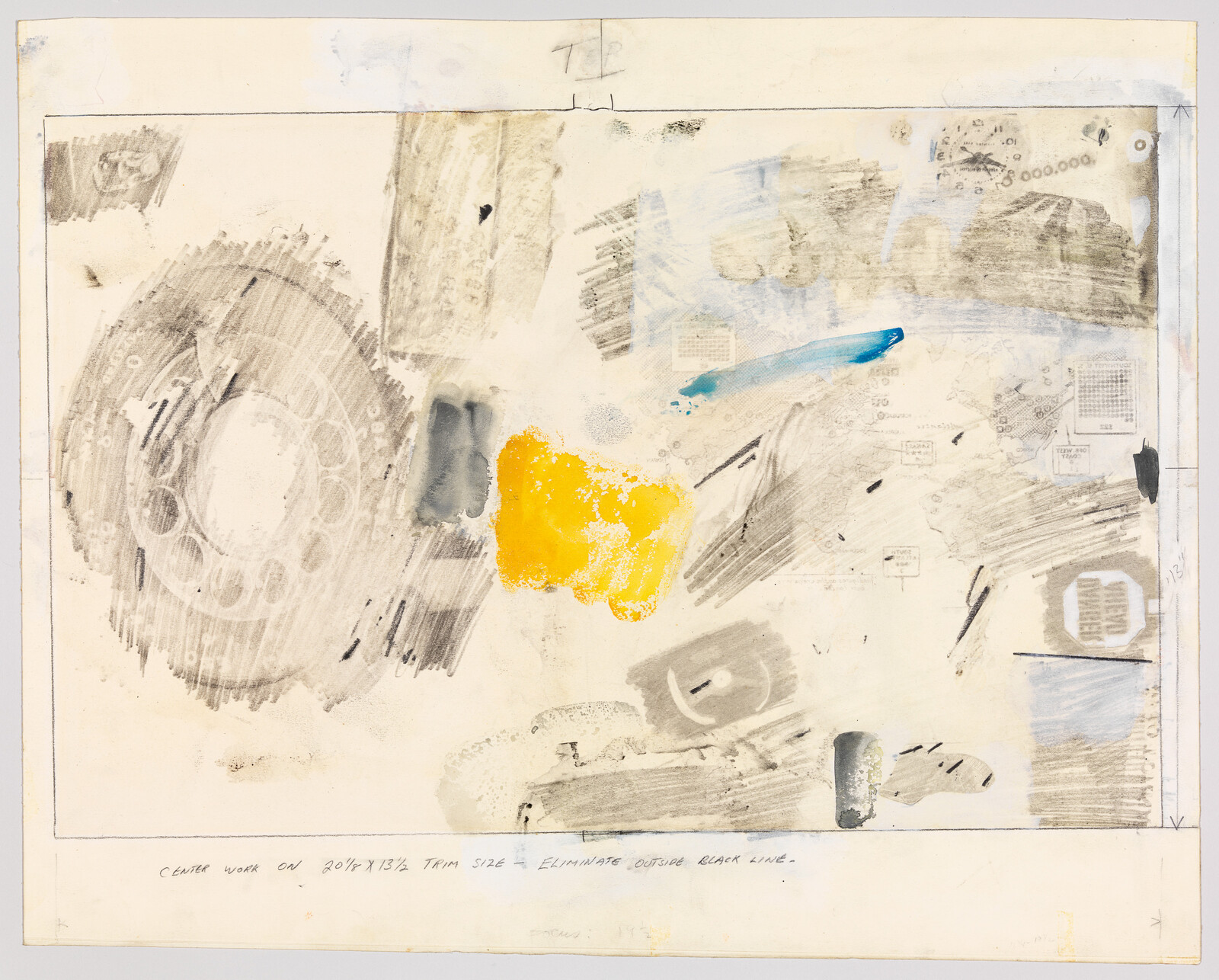 Abstract paper collage with large yellow paint blotch, gray circular rubbings, and a blue streak.