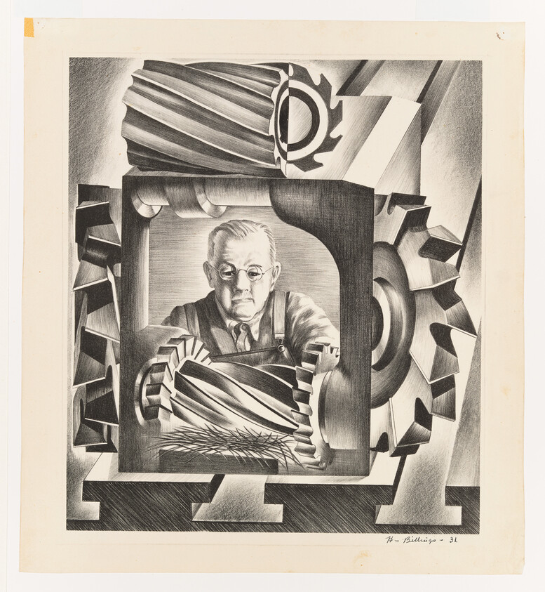 An older machinist inspects a large gear inside a metalworking machine.