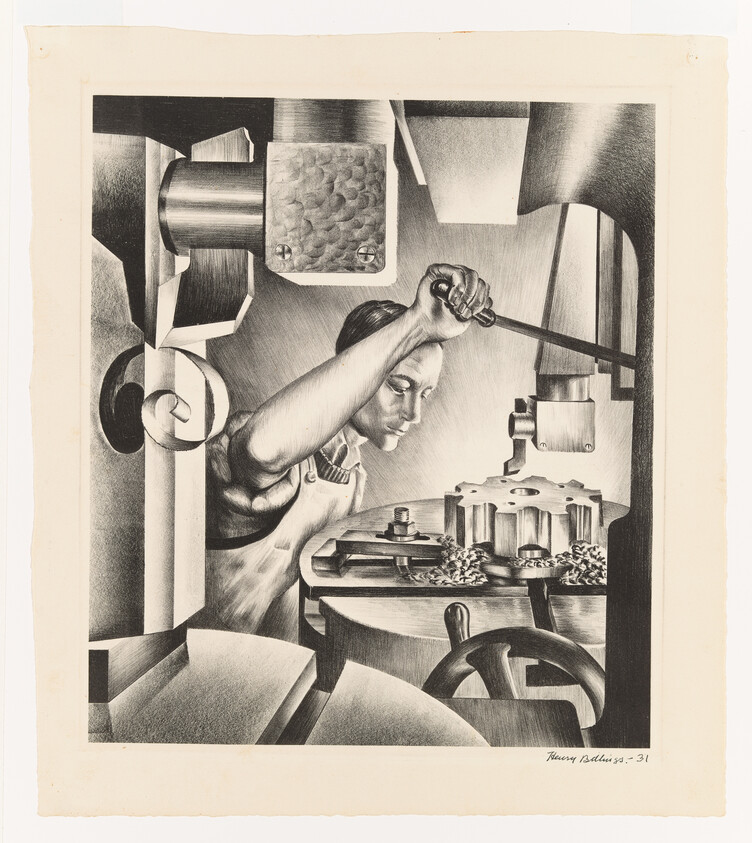 A worker uses a hand lever to operate a metal press shaping a large gear.