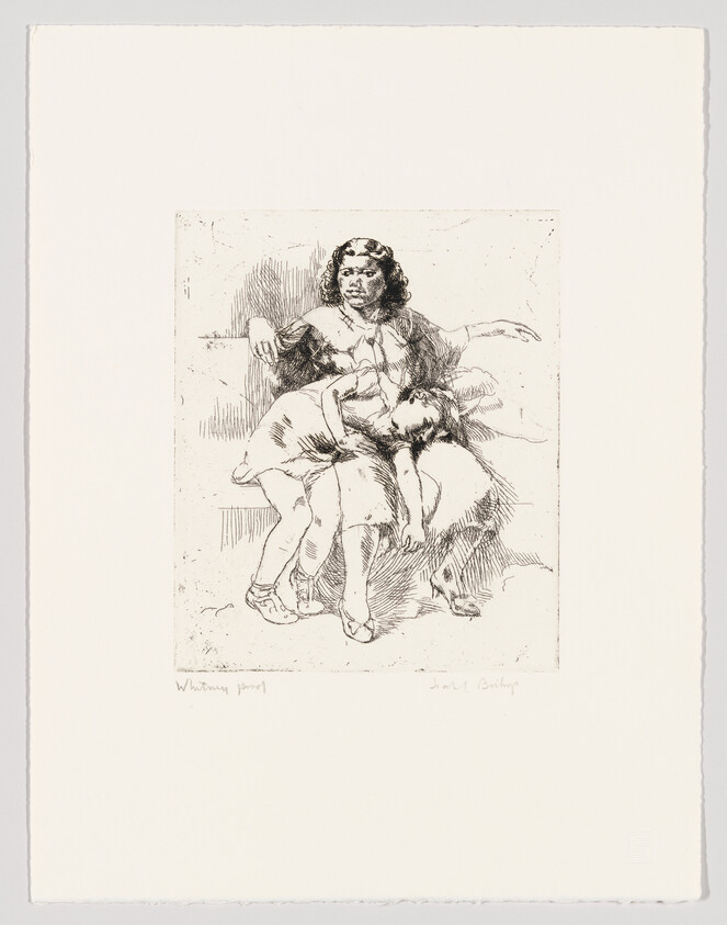 A seated woman cradles a sleeping child across her lap while another child stands beside her.