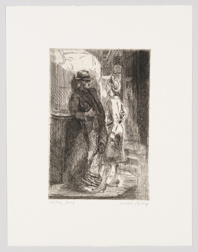 A black and white etching depicting two figures standing in a doorway. The figure on the left appears to be a man wearing a hat and overcoat, while the figure on the right seems to be a woman in a lighter outfit, possibly a dress, with a hat. The scene suggests a conversation or encounter between the two characters. The etching style is detailed, with strong contrasts and expressive lines. There is text at the bottom of the image indicating "Whistler's proof" and "to Col. Banbury," suggesting the print's title and dedication.