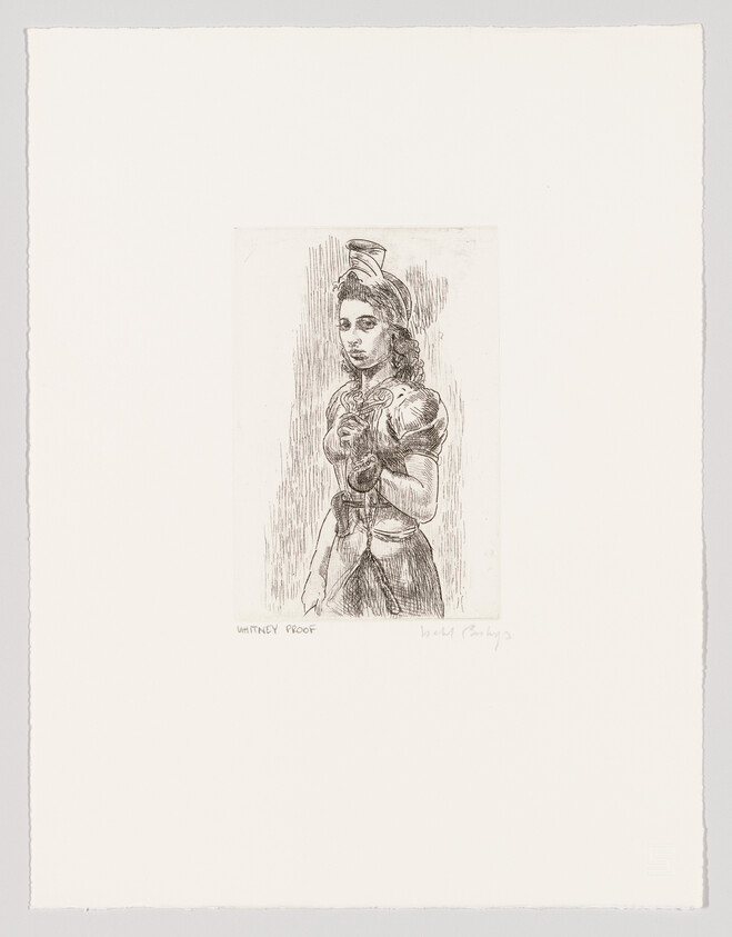 An etching of a young woman in vintage attire, featuring a bonnet, puffed sleeves, and a corseted waist. She is gazing to her left with a contemplative expression. The image is centered on a white background with the words "WHITNEY PROOF" and a signature at the bottom.