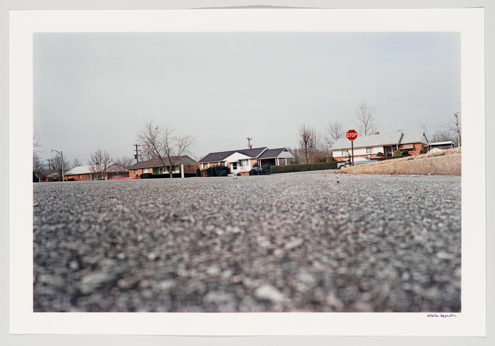 A low-angle view of a quiet suburban street with houses and a visible stop sign.
