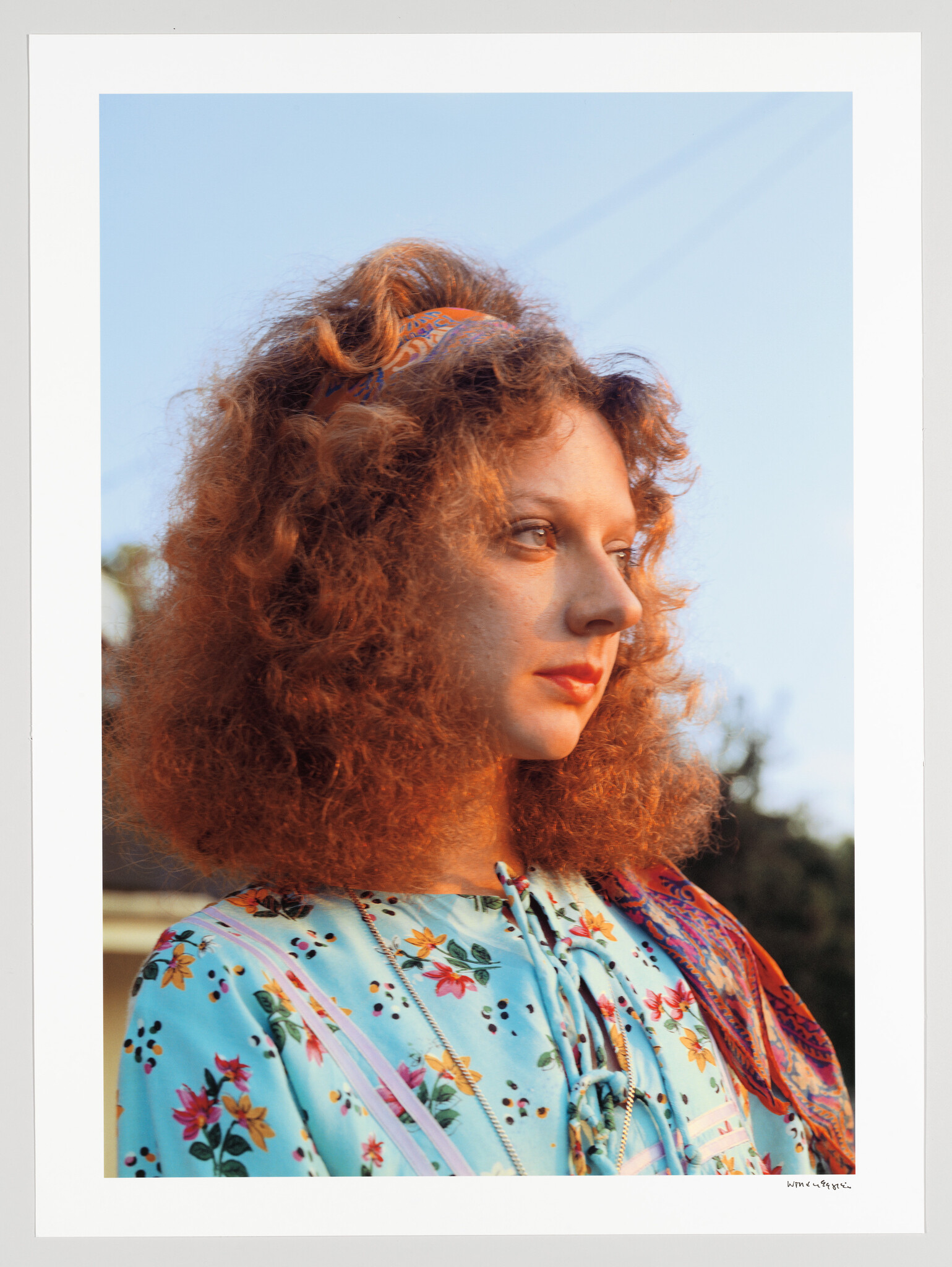 A person with curly red hair wears a blue floral dress and looks thoughtfully to the right.