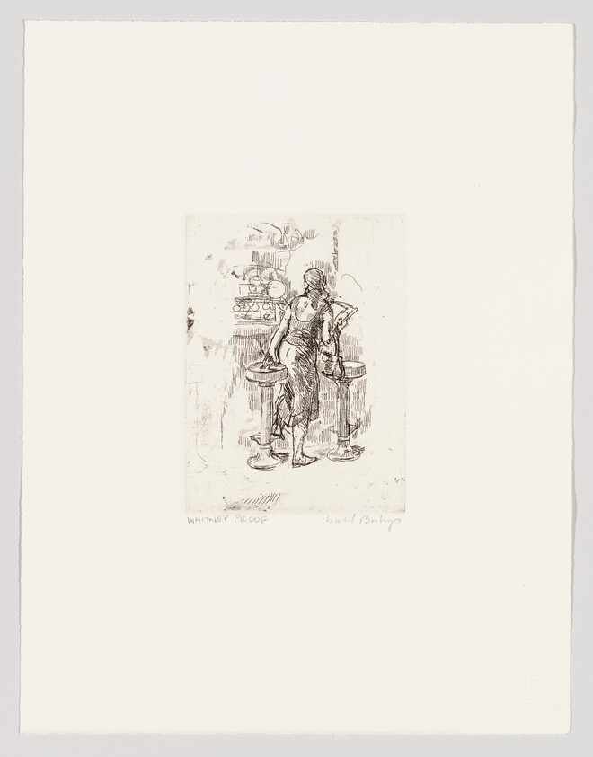 A woman stands leaning on two bar stools at a counter in a small etching.