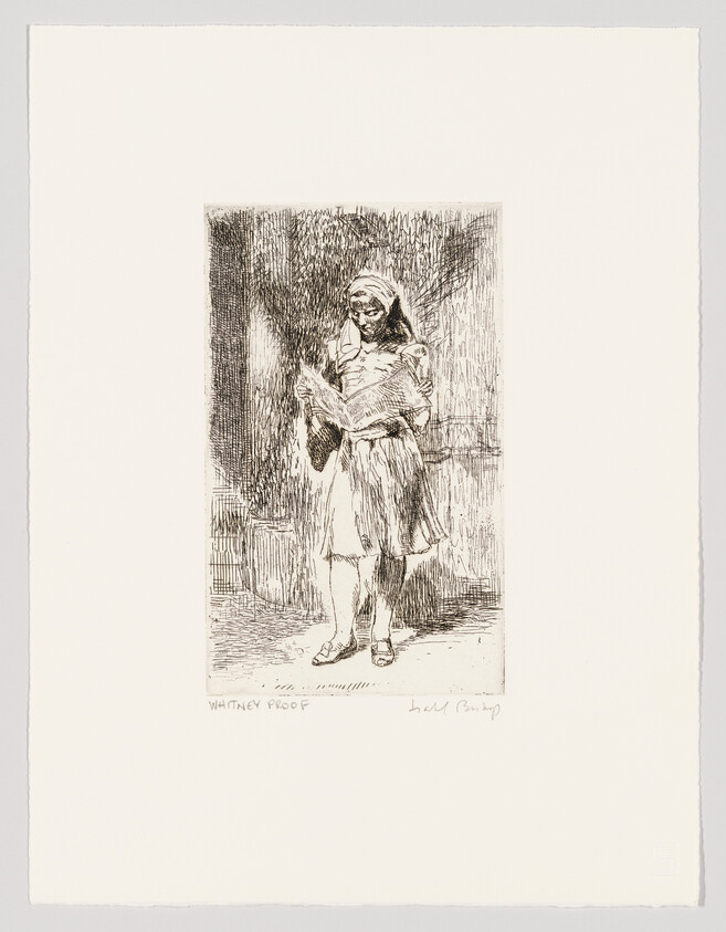 A young woman wearing a headscarf stands and reads a folded newspaper in a shaded doorway.