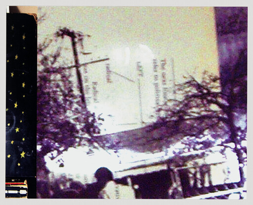 Crowd of people gathered near a building and utility pole with trees lining the street.