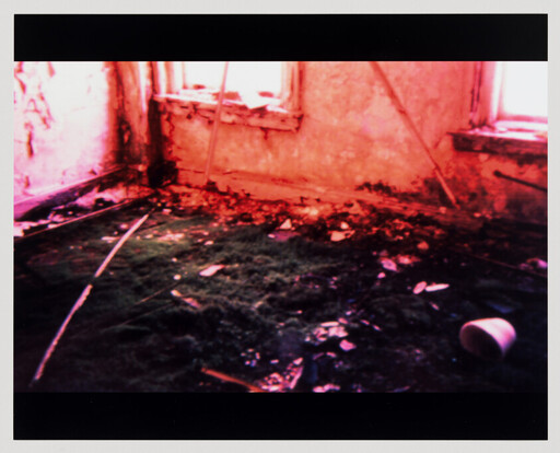 Abandoned room with torn carpet, scattered debris, peeling walls, and a lone upside-down cup.