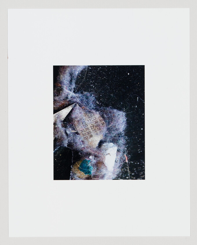 Dusty clump of lint and debris with a small printed paper scrap showing numbers.
