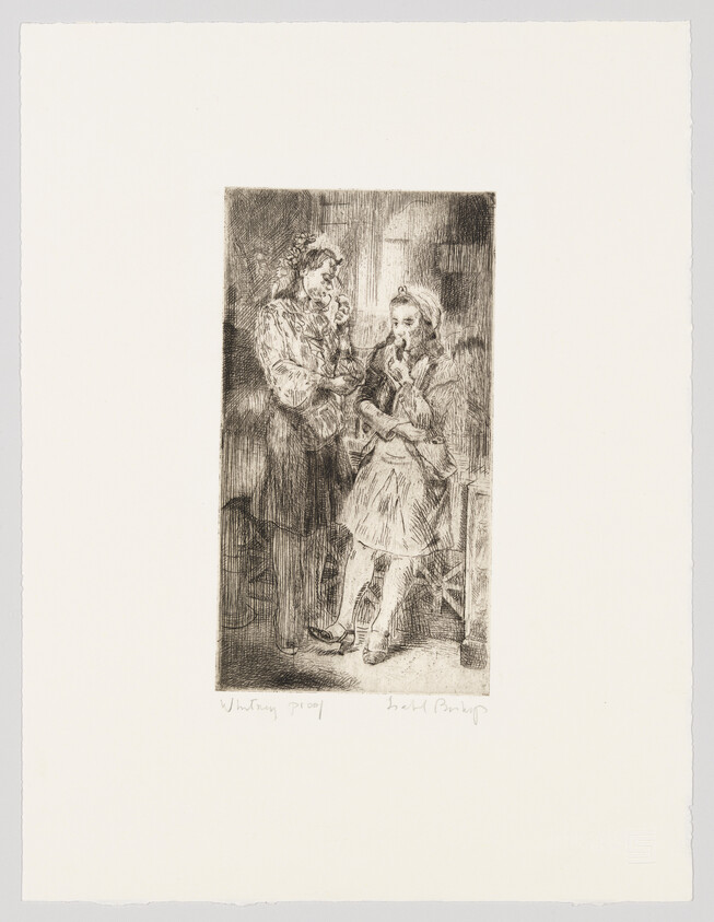 An etching depicting two figures, likely from a historical or literary scene, with one person standing and the other sitting, engaged in conversation. The artwork is detailed, with expressive facial features and period clothing, and there is handwriting at the bottom of the print.