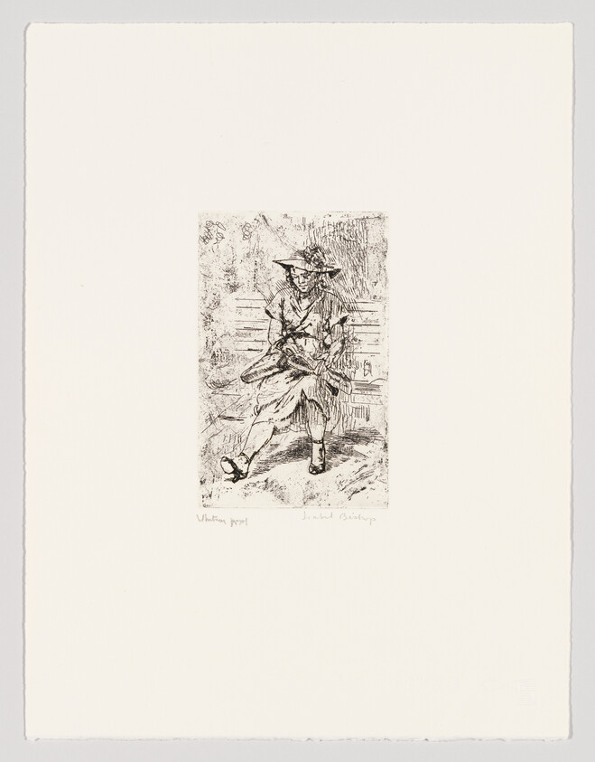 A woman wearing a hat sits on a park bench holding flowers and a small bag.