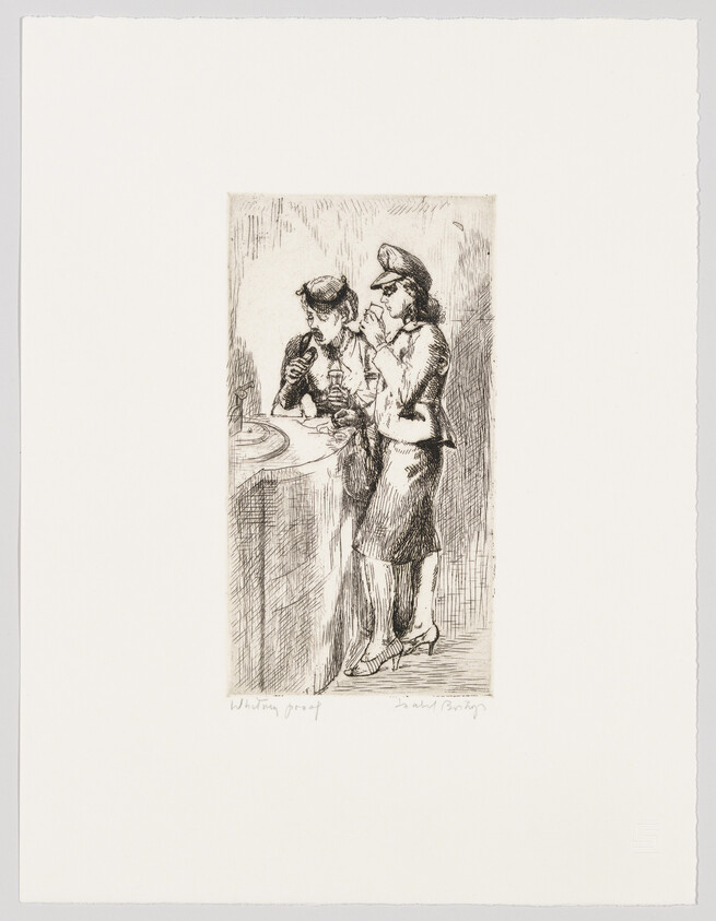 A black and white etching of two individuals standing at a counter, possibly in a bar or cafe, with one person drinking from a glass and the other watching. The artwork has a sketch-like quality with expressive lines and shading, and there is text at the bottom left corner that appears to be a signature or title. The paper has a rough texture with a torn edge visible on the right side.