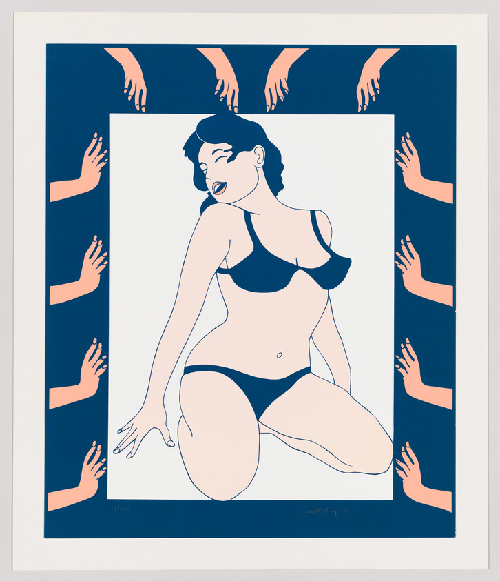 A stylized woman in bra and underwear kneels while multiple hands reach toward her.