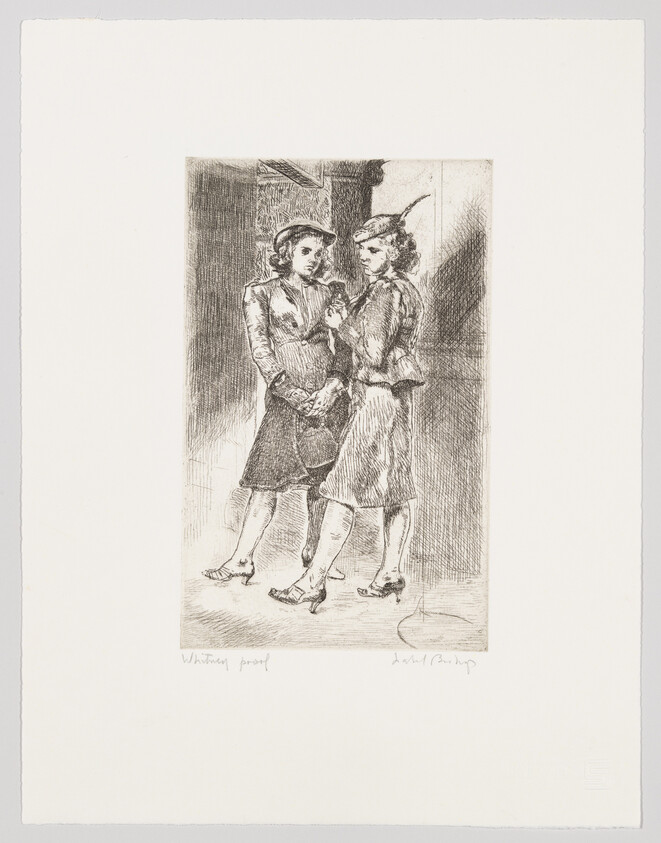 An etching depicting two figures, likely women, standing and facing each other in conversation. They are dressed in mid-20th-century attire with hats and coats, and the scene appears to be set indoors, possibly in a corridor or a room with a picture hanging on the wall in the background. The image includes handwritten text at the bottom that reads "Whistling proof" and a signature.