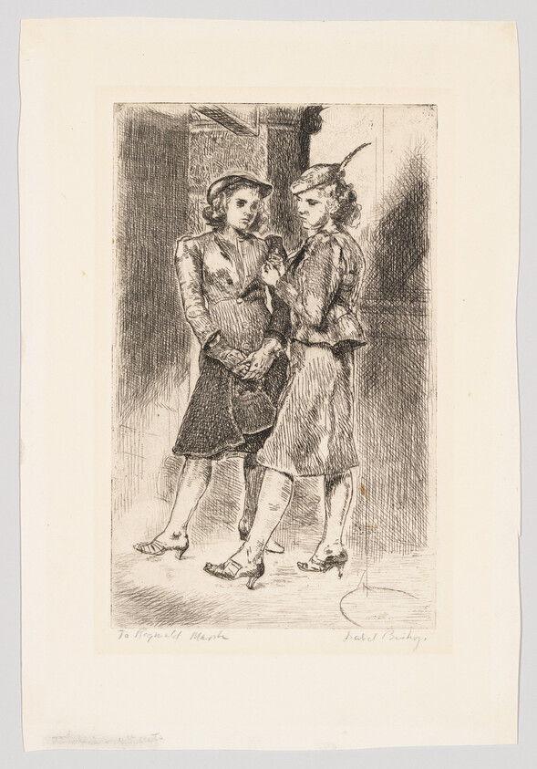 Two young women in vintage clothing stand close together, one holding a hat and the other's hand.