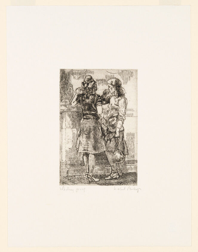 An etching depicting two figures in a close embrace, with one figure whispering into the other's ear. The artwork has a sketch-like quality and is centered on a cream-colored paper with handwritten text at the bottom.