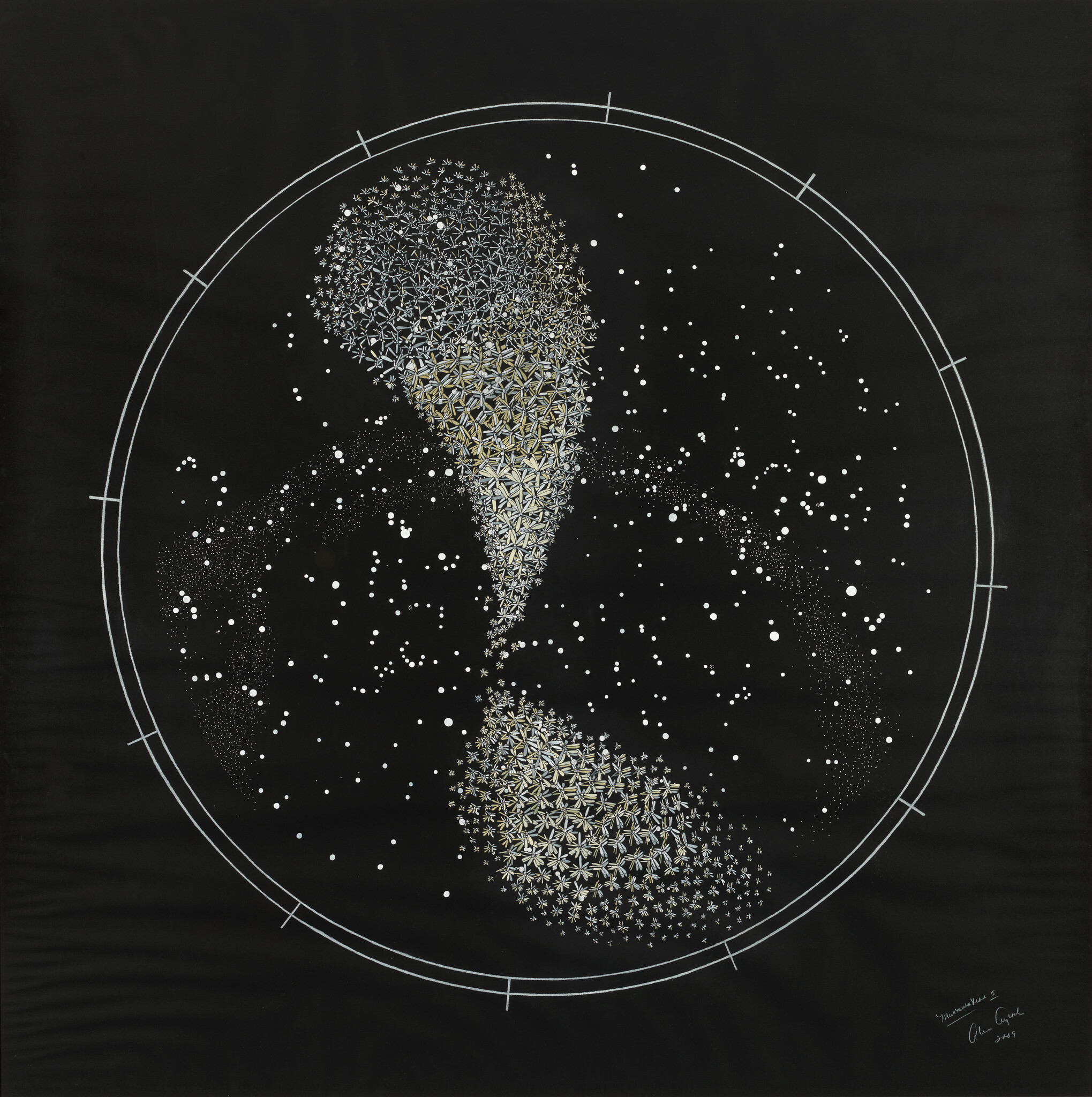 Circular star map with two dense floral-patterned comet shapes and scattered white star dots.