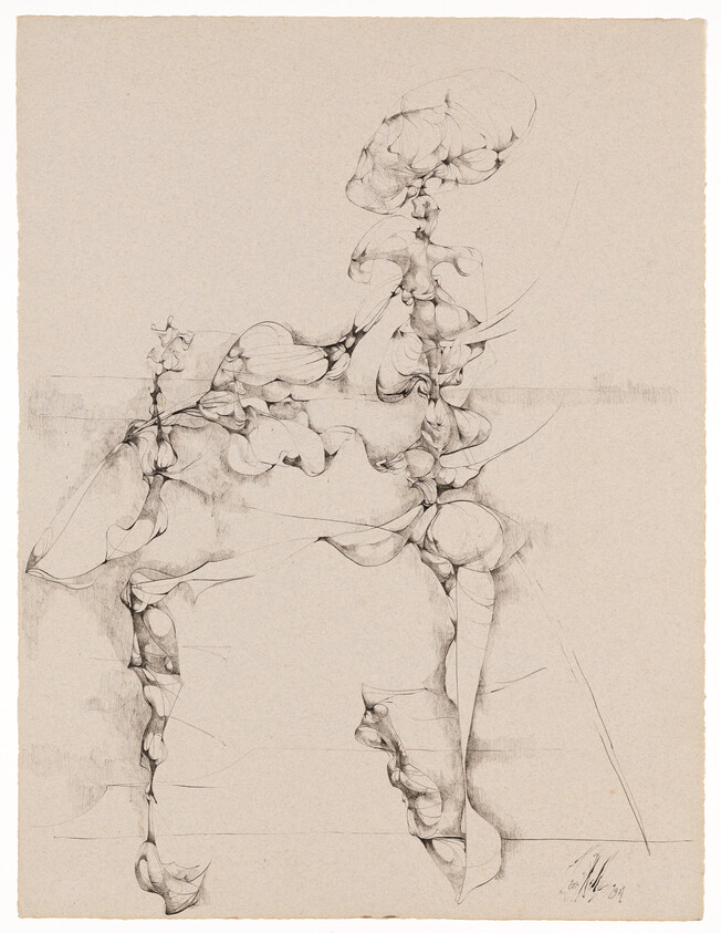 Delicate pencil drawing of an abstract seated figure made of flowing organic shapes.