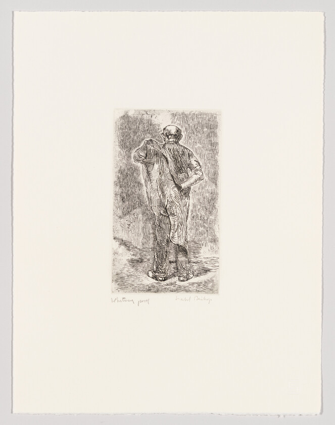 An etching of a baseball player standing with his hands on his hips, viewed from behind, centered on a white background with artist's signatures at the bottom.