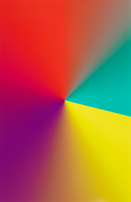 Bright red, teal, yellow, and purple color rays converge toward a small central point.