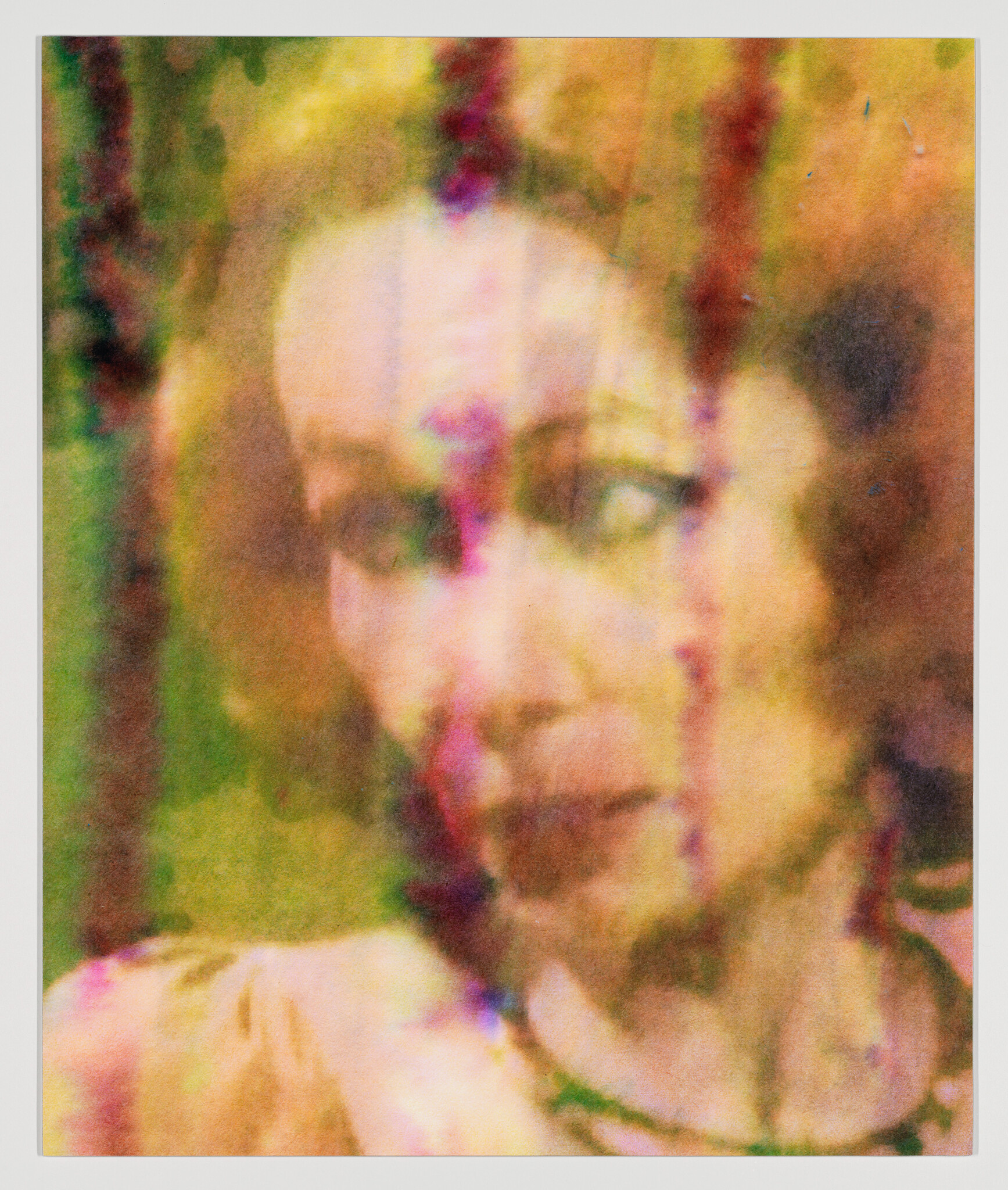 Blurred close-up of a face with colorful vertical streaks and grainy texture.