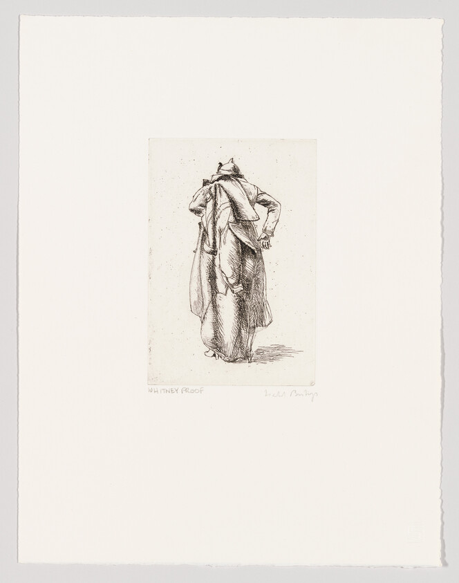 An etching of a figure seen from behind, wearing a long coat and a hat, with the text "Whitney Proof" and a signature at the bottom on a white background.