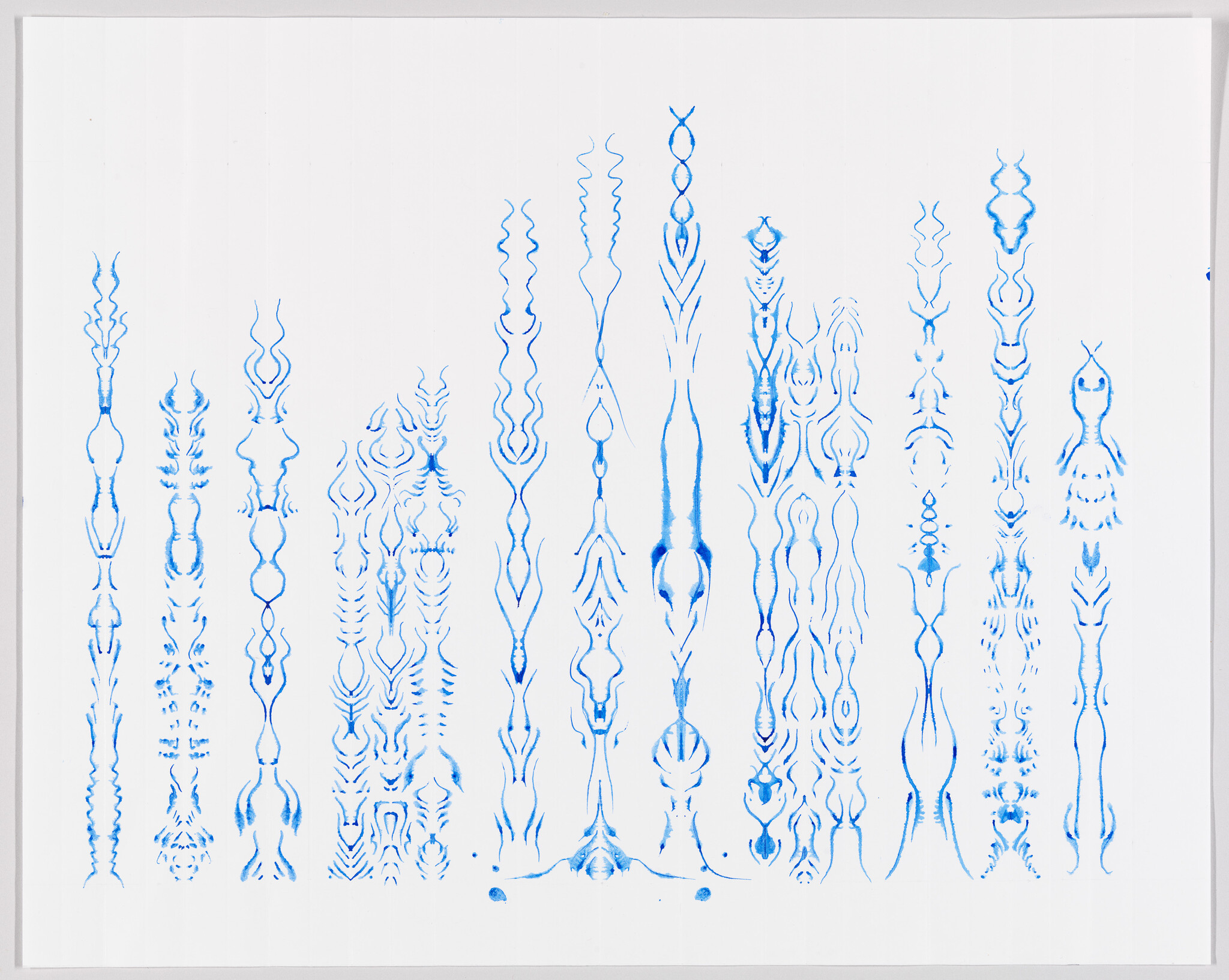 Rows of thin vertical blue ink patterns forming symmetrical organic shapes on white paper.