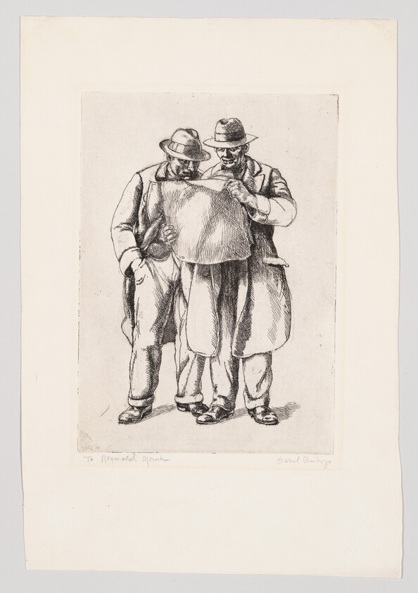 Two men wearing coats and hats stand close together reading a large paper or map.