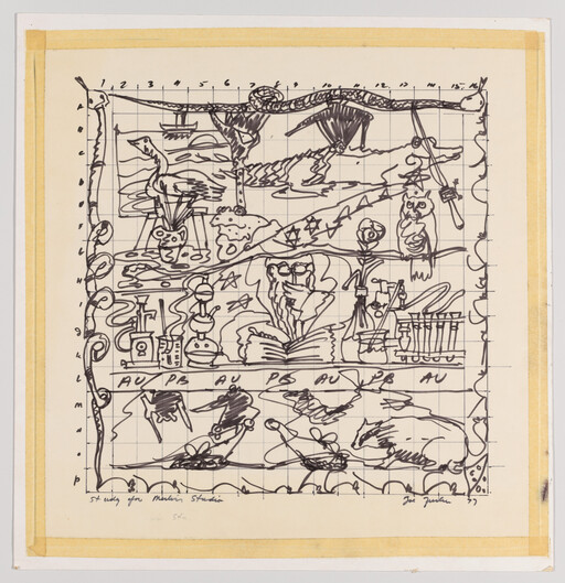 Black ink grid drawing showing shelves of animals, plants, books, and laboratory glassware.