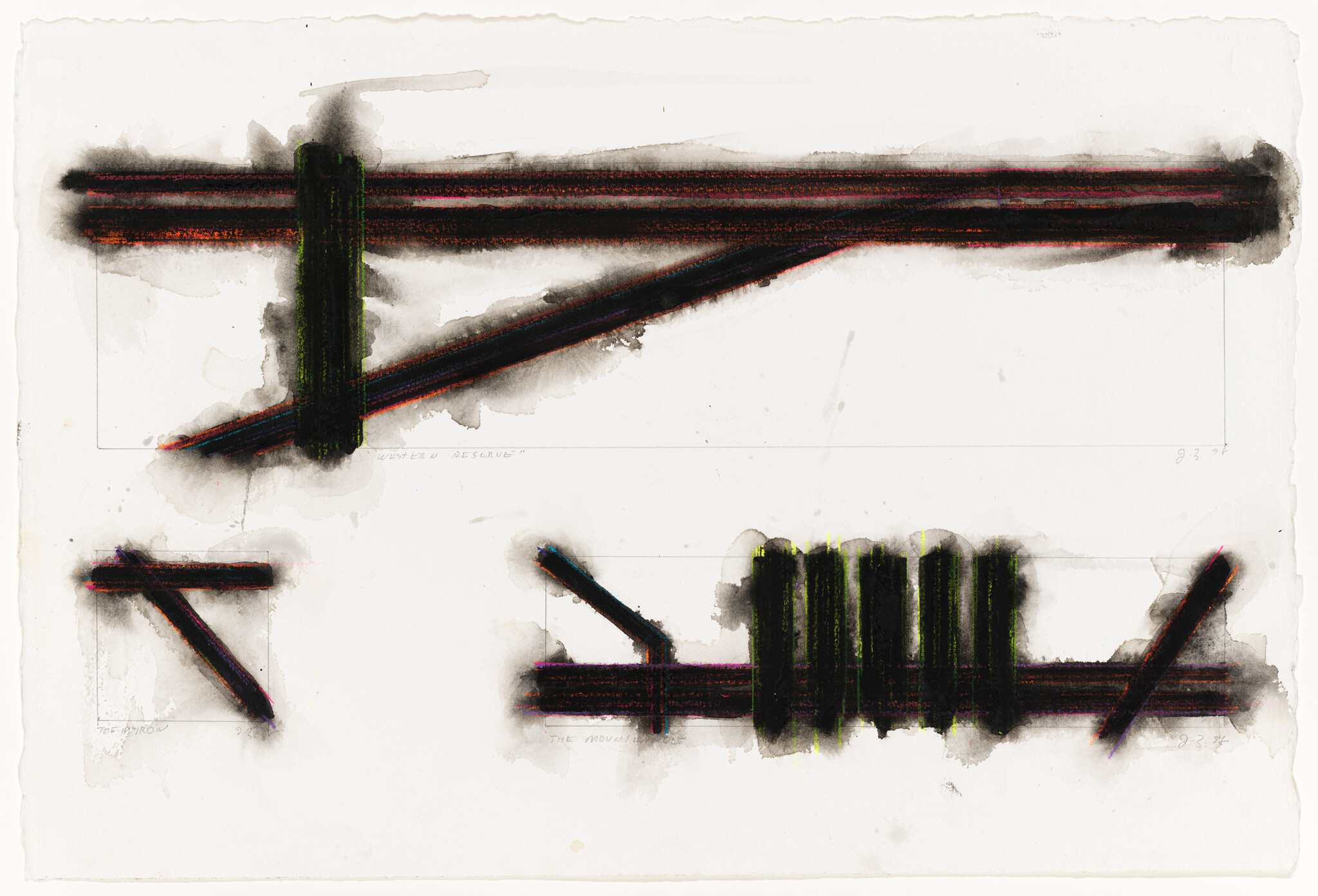 Three abstract shapes made of dark, thick lines with green highlights, arranged on a white background with faint text.