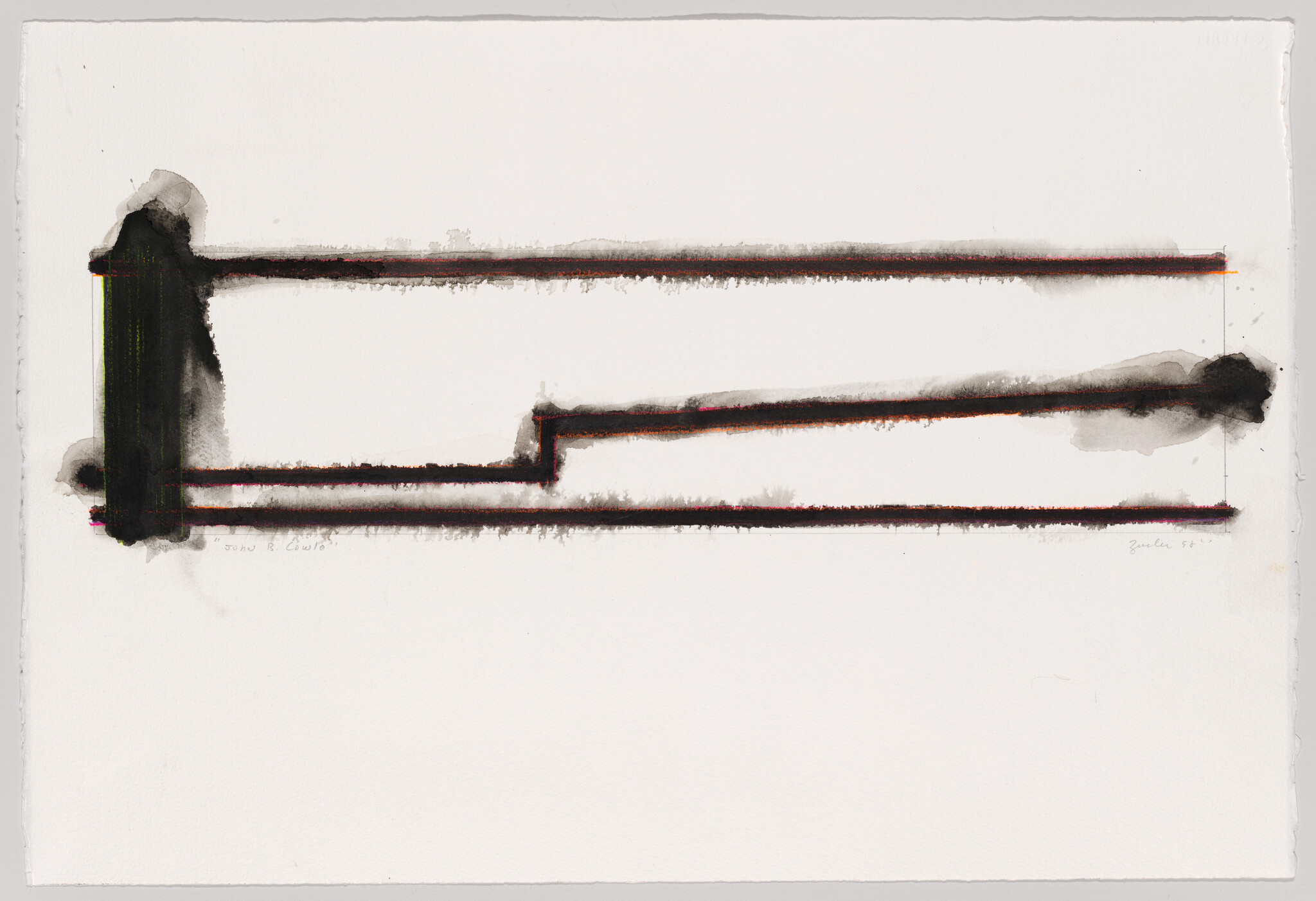 Black and red horizontal lines with a step shape in the middle, smudged edges, on white paper.