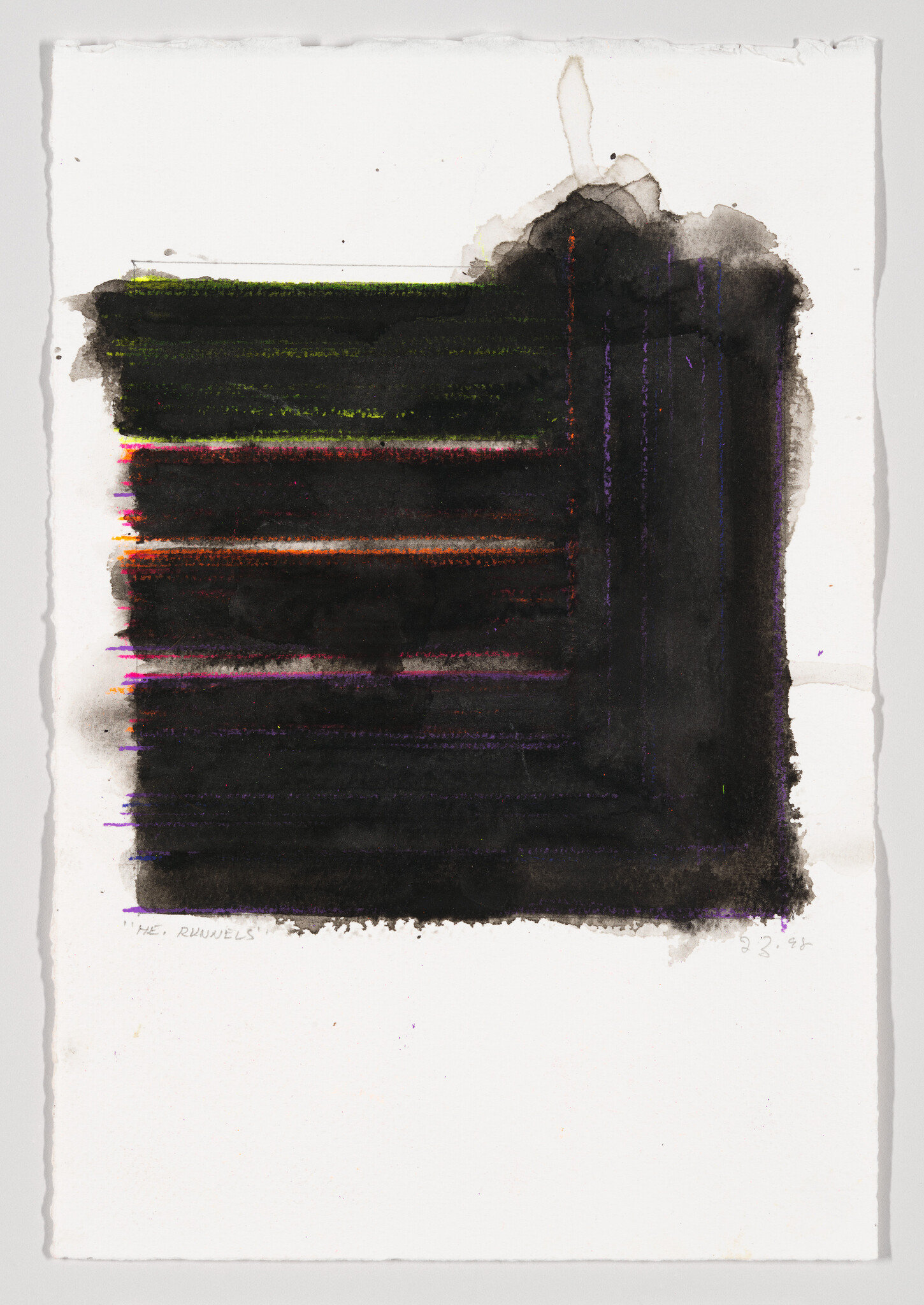 A dark, square-shaped abstract painting with horizontal colored lines and the handwritten text “HE. RHUNELS” below.
