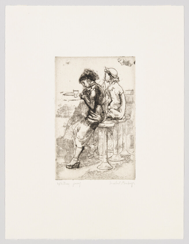 An etching depicting two individuals seated at a bar, with one person hunched over what appears to be a drink and the other looking away. The scene is rendered with sketch-like lines and cross-hatching, creating a sense of casual, everyday life. There is handwritten text at the bottom left corner of the print.
