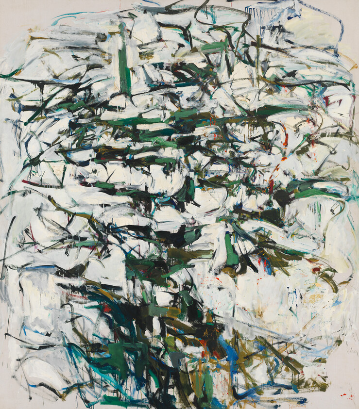 Abstract painting with energetic green, black, and blue brushstrokes layered over a white background.