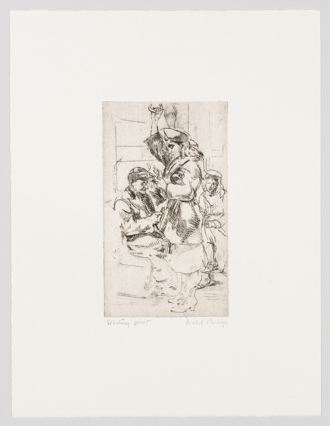 An etching depicting a group of figures, with one prominently raising their arm, possibly in a gesture of speech or leadership. The scene appears to be set indoors, with minimal background detail. Handwritten text at the bottom left corner suggests a title or description, while a signature or mark is visible at the bottom right. The paper has ample blank margins surrounding the central image.