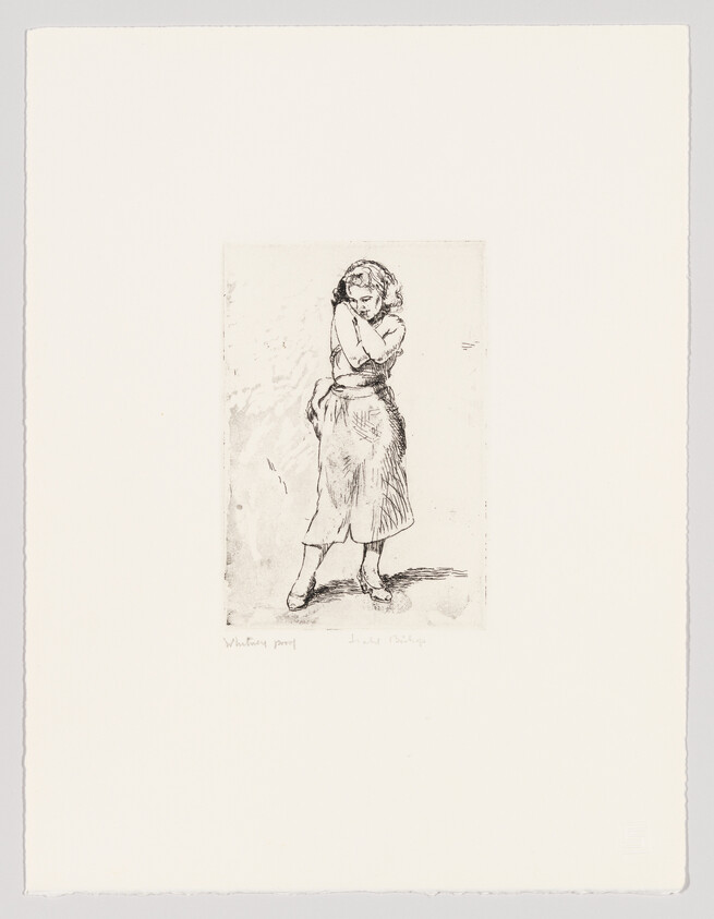 A woman in a mid-length skirt stands with folded arms, looking down shyly.