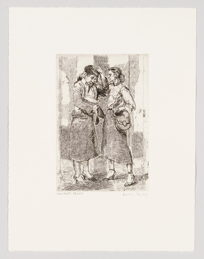 Two women stand facing each other as one lifts her hat while they talk.