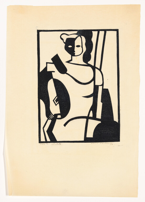 A stylized black-and-white print shows a seated woman holding a rounded instrument inside a rectangular frame.