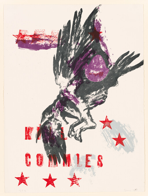 A large dark bird falls amid red stars and the stamped words Kill commies.