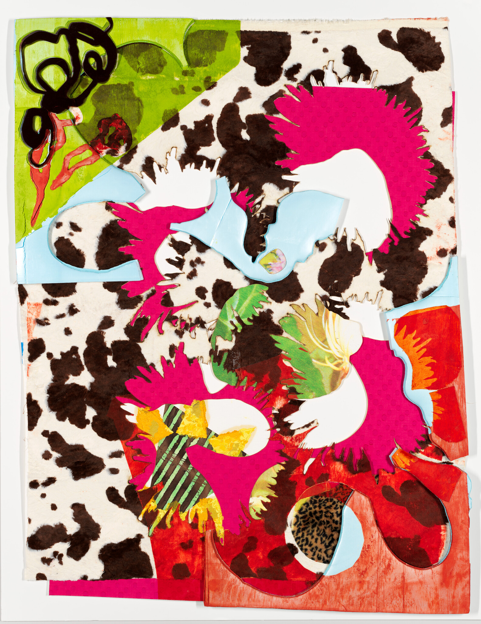 Collage with cowhide pattern background and vibrant pink, red, and blue abstract cutouts.