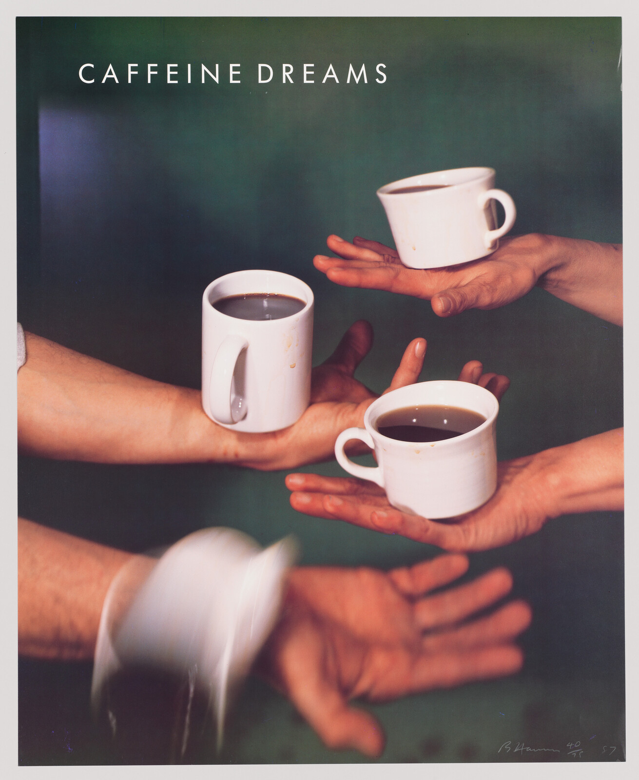 A conceptual photograph titled "CAFFEINE DREAMS" featuring multiple hands interacting with white coffee cups against a dark green background. One cup is in mid-air, seemingly caught in the act of spilling its contents, while the other cups are steadily held or placed on open palms. The image has a dreamlike quality with a sense of motion and stillness juxtaposed.
