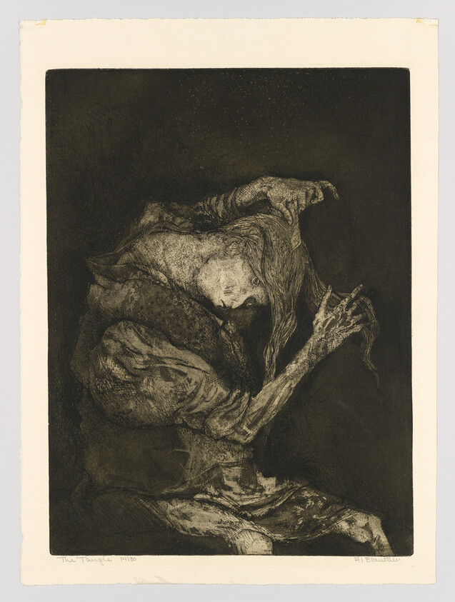 Gaunt, hunched figure painfully pulling long hair while twisting its upper body.