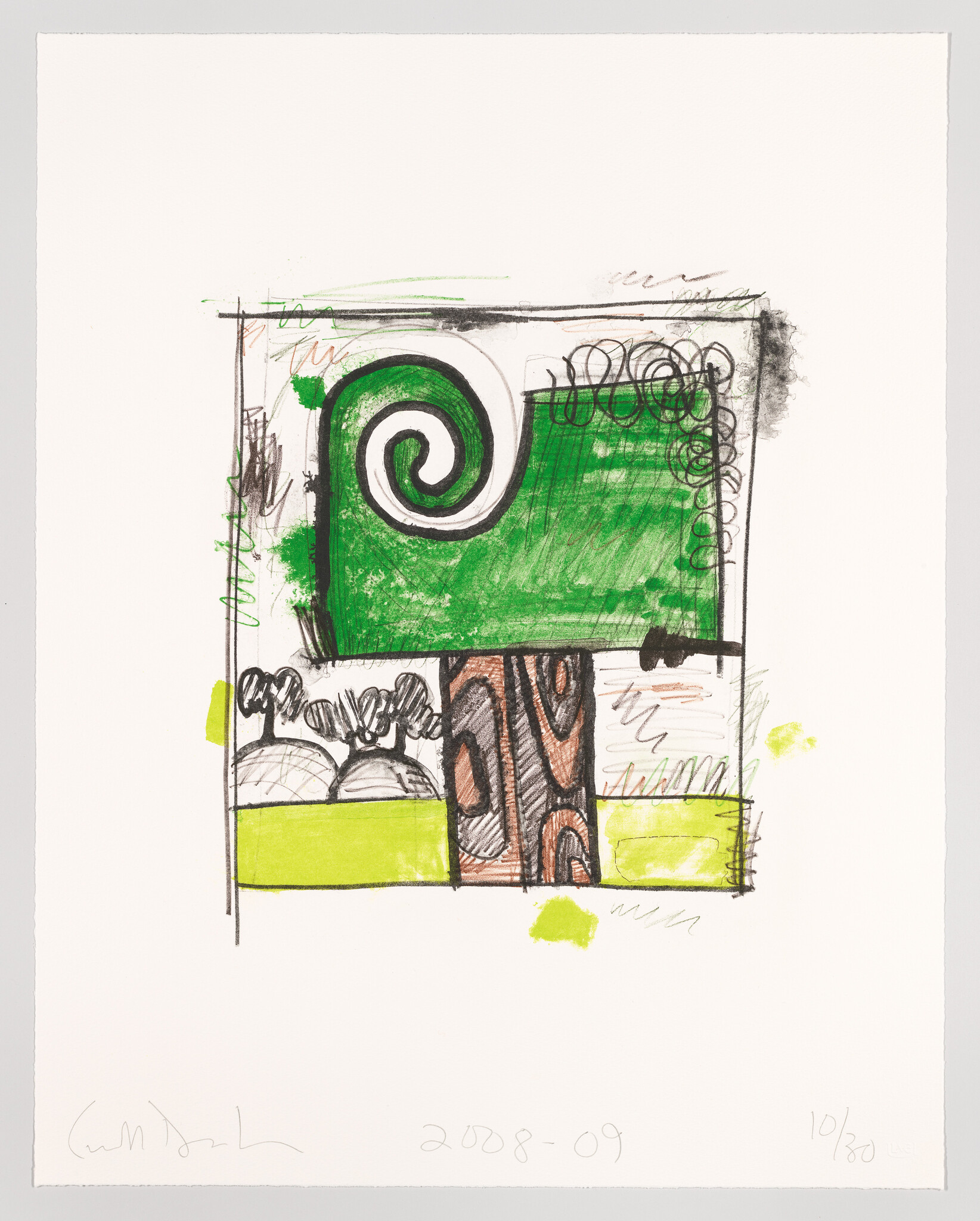 A colorful abstract artwork featuring a prominent green spiral shape at the top right, with various sketchy elements and patterns in green, black, and yellow. The piece is dated 2008-09 and is numbered 10/30, with a signature on the bottom left. The image is on a white background with ample border space around the artwork.