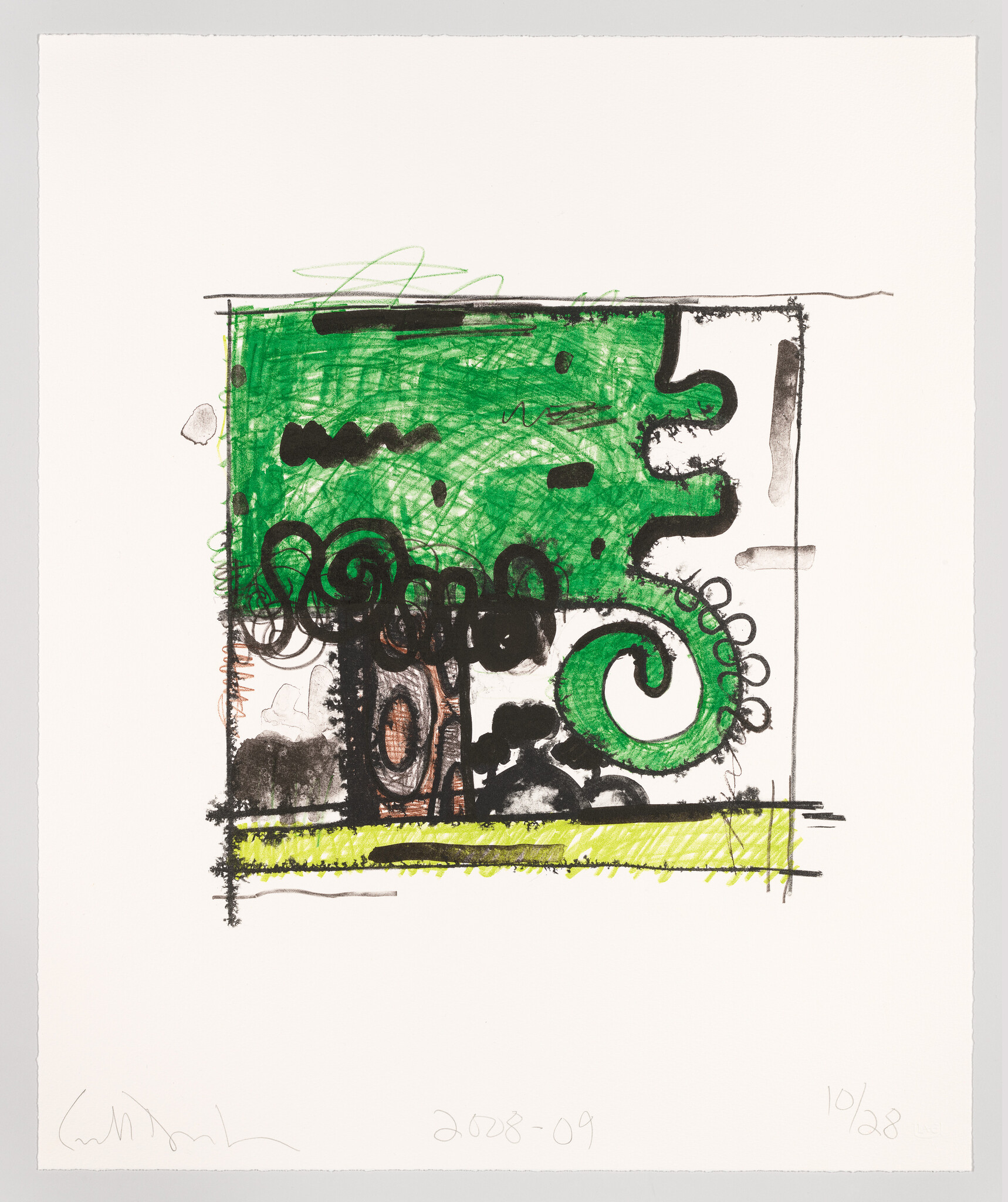 Abstract artwork featuring a prominent green rectangular shape with scribbles and spiral patterns in black, with some elements of orange and brown. The piece is numbered and signed at the bottom, suggesting it's part of a limited series. The background is white, providing contrast to the vivid colors and dynamic lines.