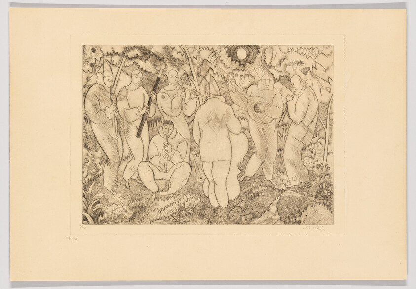 A group of seven musicians and dancers in a leafy clearing playing flutes, drums, and stringed instruments.