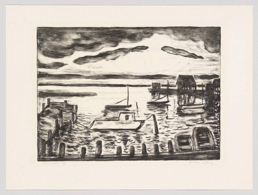 Small harbor with moored boats and wooden docks and houses along the shoreline.