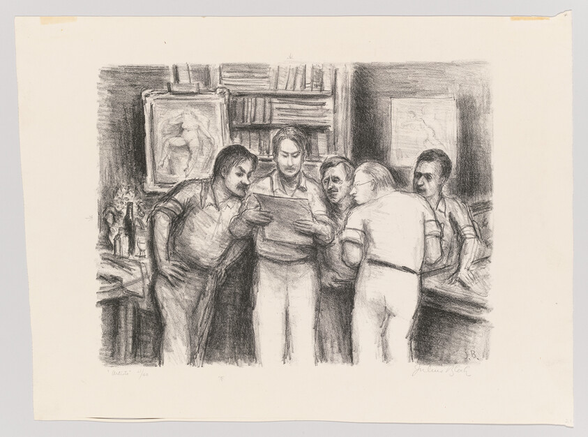 Five men crowd around a man reading a paper in a dimly lit room with books.