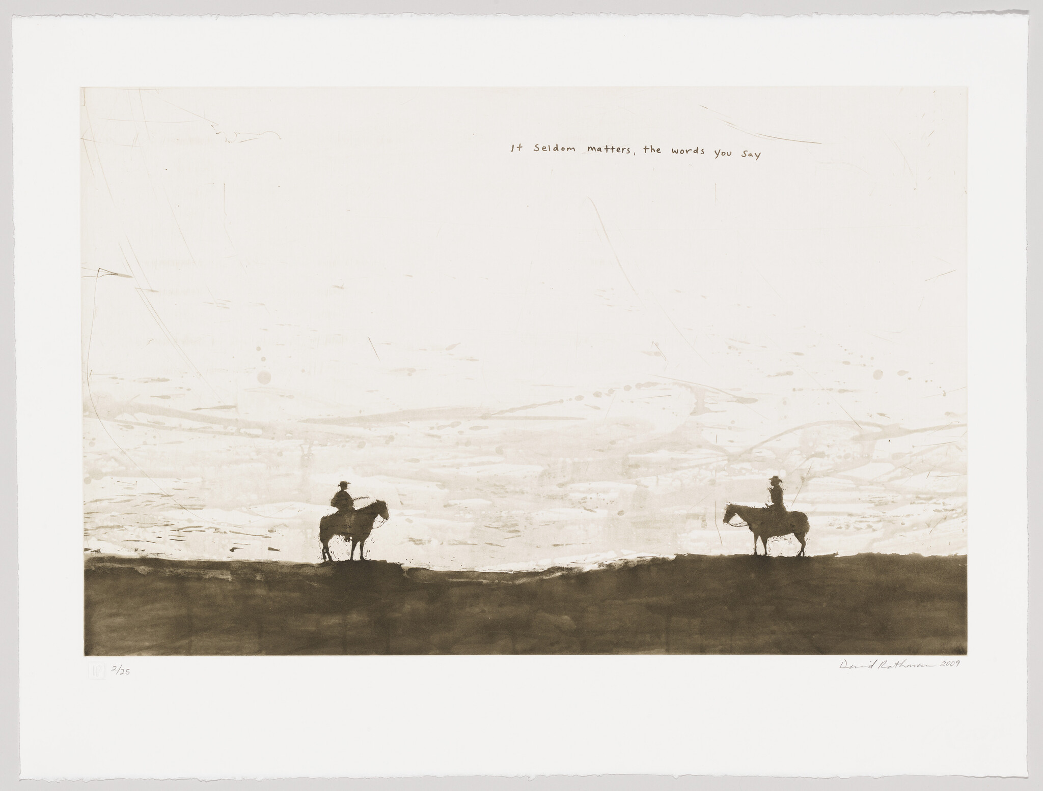 Two riders on horseback face each other across a wide plain with small handwritten text above.