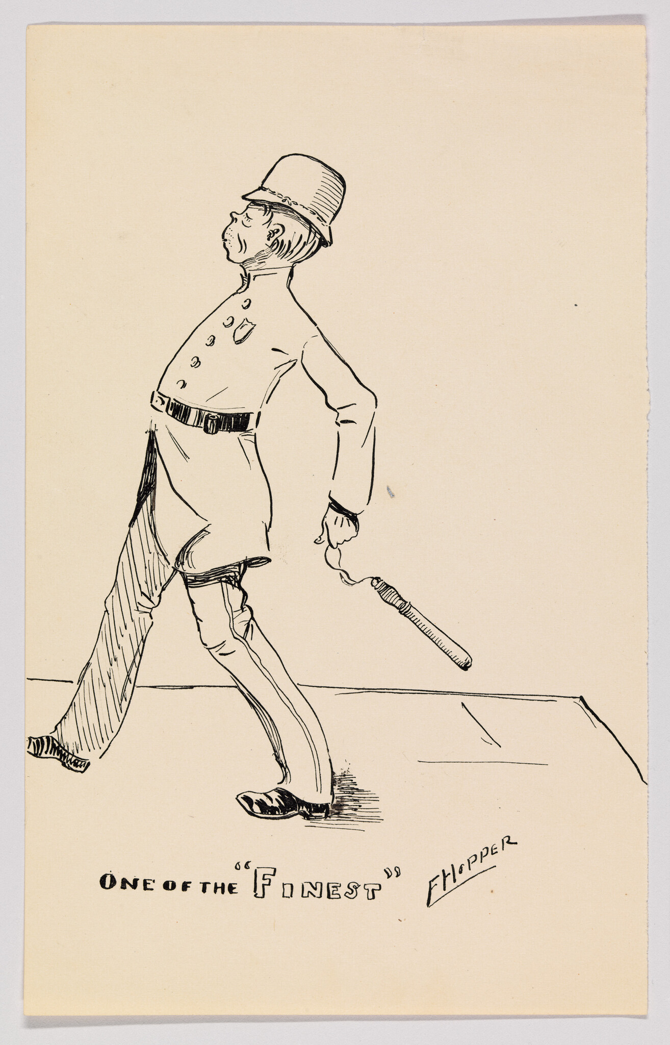 A proud policeman struts with a baton behind his back, captioned "One of the Finest."